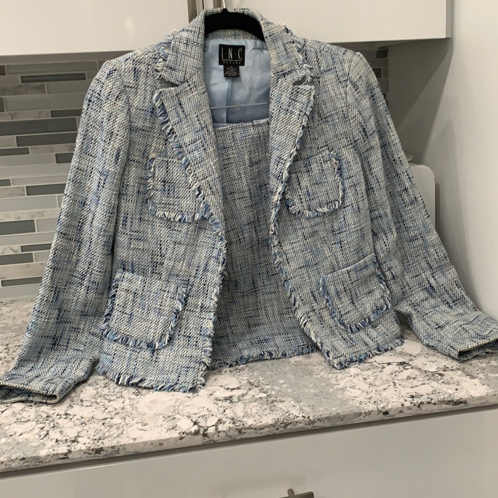 INC petite shades of blue two piece suit.
